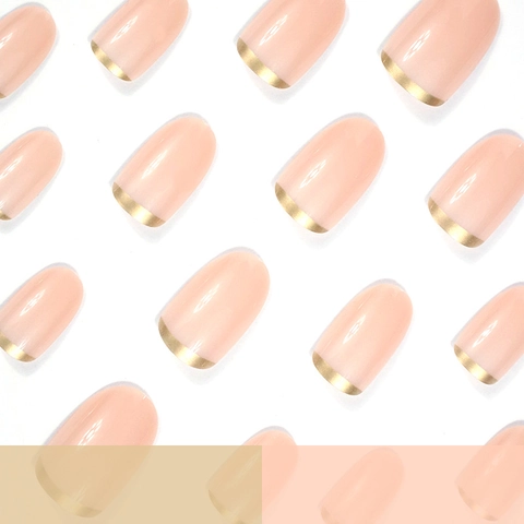French Style Press On Nails Kurz Oval Nude Pink Mit Goldrand Full Cover ABS Künstliche Fingernägel Für Damen Maniküre