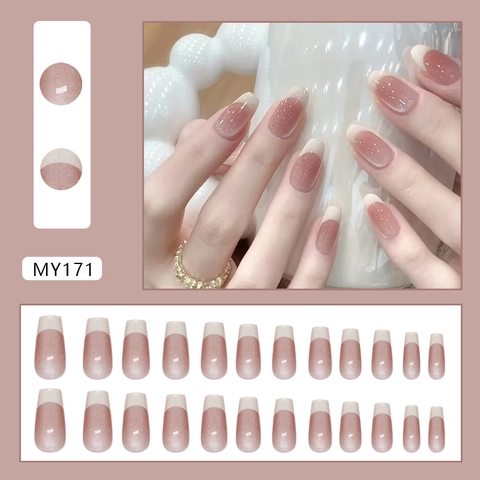 French Tip Press On Nägel Katzenauge Nude Pink Sargform Glänzende Elegante Künstliche Nägel Für Frauen Maniküre