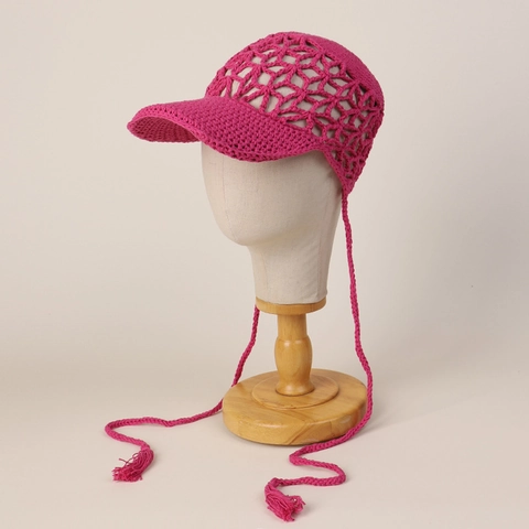Women Crochet Hand Knitted Baseball Cap Cotton Yarn Hollow Out Breathable Sun Hat With Long Tassel Ties Adjustable Stylish