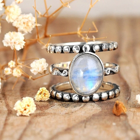 Vintage Bohemian Layered Ring Oval Faux Moonstone Ancient Silver Color Copper Beaded Texture Statement Jewelry For Women