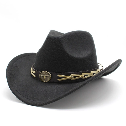 Western Cowboy Hat Wool Felt Vintage Wide Brim With Leather Band Metal Bull Head Decoration For Men Women