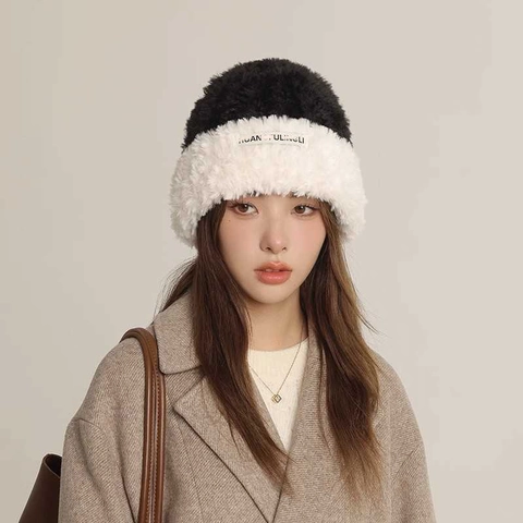 Gorro de Peluche de Color en Contraste para Mujer Gorro de Punto Cálido de Invierno Gorra Térmica de Piel Sintética Gruesa