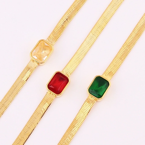 Emerald Cut Zircon Pendant Necklace 18K Gold Plated Copper Flat Snake Bone Chain Women Simple Elegant Fashion Jewelry