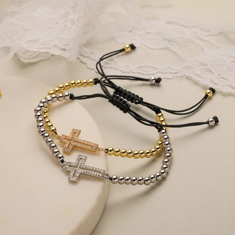 Bracciale Con Perline A Croce Rame Placcato Oro 18K Zircone Micro Intarsiato Cordino Regolabile Gioielli Da Donna