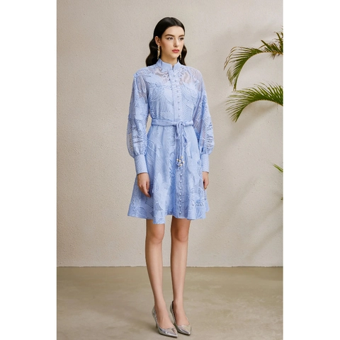 Vestito Elegante In Pizzo Ricamato Collo Alto Maniche A Lanterna Bottoni Linea A Mini Abito Con Cintura Donna