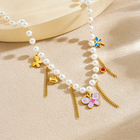 Imitation Artificial Pearl Beaded Necklace Stainless Steel Butterfly Heart Flower Pendant With Tassel Enamel Jewelry For Women