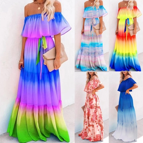 Women Off Shoulder Printed Maxi Dress Gradient Boho Flounce Smocked Waist Ruffle Tiered Summer Beach Vacation Long Dress