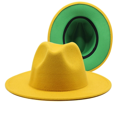 Retro Zweifarbiger Fedora Hut Baumwolle Polyester Filz Breite Flache Krempe Jazz Kappe Vintage Britischer Stil