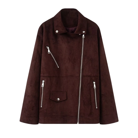 Women Suede Moto Biker Jacket Lapel Zip Up Loose Outerwear Streetwear Casual Plain Solid Color Warm Winter Coat