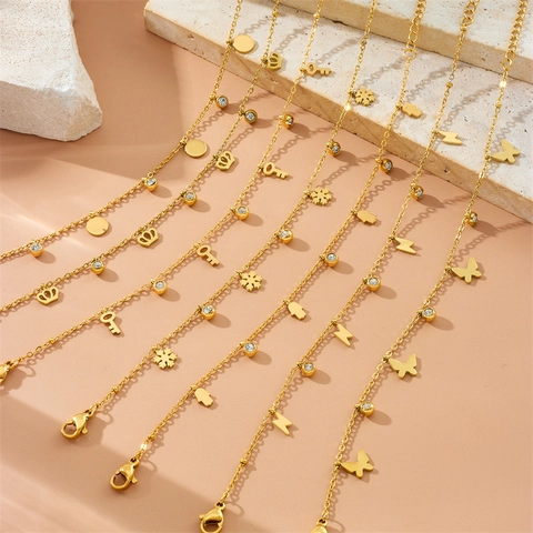 Gold Plated Stainless Steel Charm Bracelet For Women Zirconia Butterfly Crown Lightning Snowflake Key Hamsa Hand Jewelry