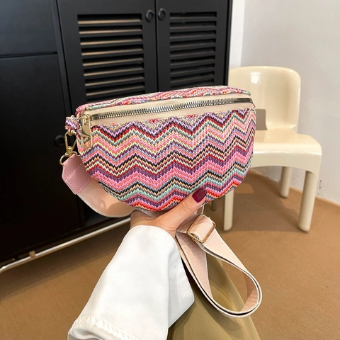 Sac Banane Tissé Tricoté Femmes Boho Motif Zigzag Sac De Poitrine Avec Bandoulière Réglable Mode Décontractée Crossbody