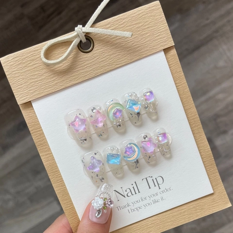 Unghie Finte Fatte A Mano Glitter Bara Trasparente Farfalla Luna Stella 3D Strass Dolce Sognante