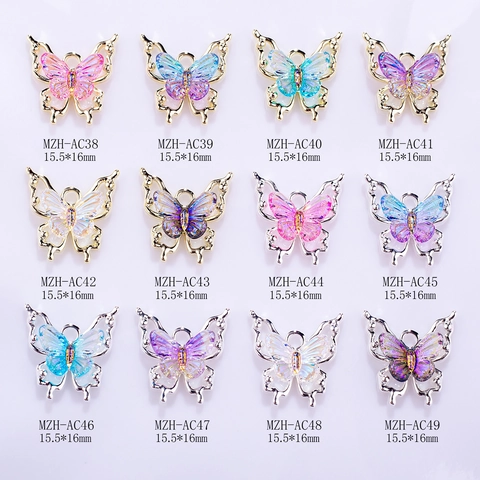 Butterfly Nail Art Charms Alloy Iridescent Resin 3D Gradient Ice Through Hollow Design DIY Manicure Decoration