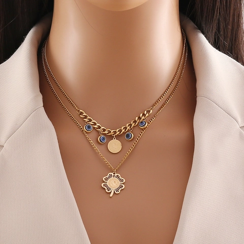 Collana Doppio Strato In Acciaio Inossidabile Ciondoli Malocchio Trifoglio Cavo Moneta Gioielli Placcati Oro Per Donna