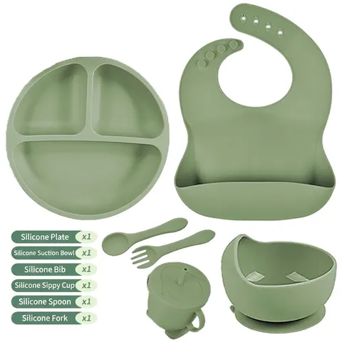 Silicone Baby Feeding Tableware Suction Plate Bowl Adjustable Bib Training Straw Cup Spoon Fork BPA Free Toddler
