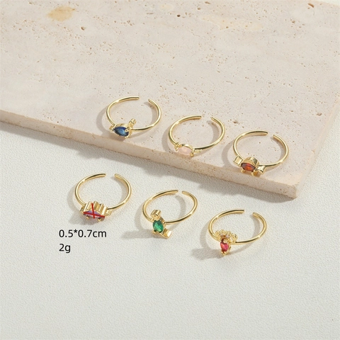 Irregulärer Zirkon Offener Verstellbarer Ring Kupfer 14K Vergoldet Französischer Retro Bunter Stein Geometrischer Schmuck