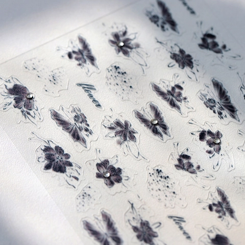 Autocollants Pour Ongles Papillon Et Fleur À L'Encre Rétro Auto-Adhésifs Gaufrés Décoration De Manucure Avec Petits Strass Femmes