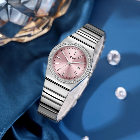 Reloj de Cuarzo de Lujo para Mujer GEDI Correa de Junta de Bambú Bisel de Strass Resistente al Agua Calendario Analógico