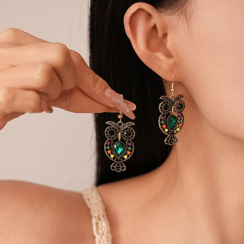 Orecchini A Gancio Civetta Etnici Vintage Lega Con Strass Colorati Pietra Preziosa Verde Cavo Gioielli Boho Per Donne