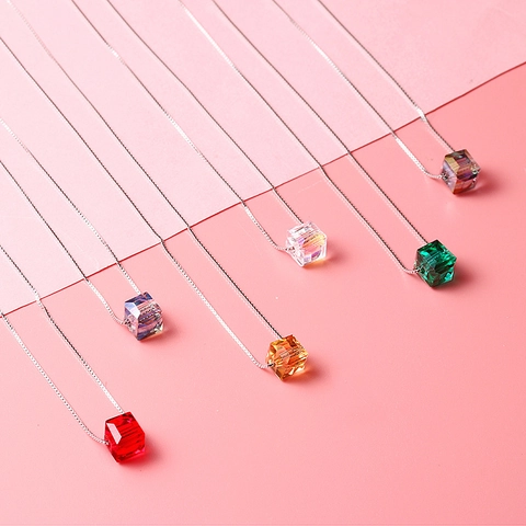 Collier Pendentif Cube En Cristal Argent Sterling 925 Aurora Dégradé Minimaliste Chaîne De Boîte Dainty Pour Femmes