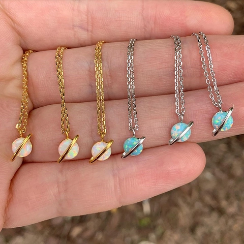 Planet Pendant Necklace Gold Plated Copper Synthetic Opal Saturn Charm Minimalist Celestial Jewelry For Women