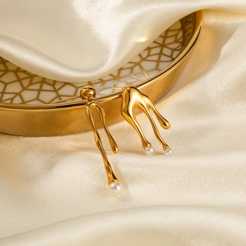 Pendientes Colgantes Asimétricos Chapados En Oro De 18K Acero Inoxidable Perla Artificial Diseño De Lava Fundida Líquida Joyas Mujer