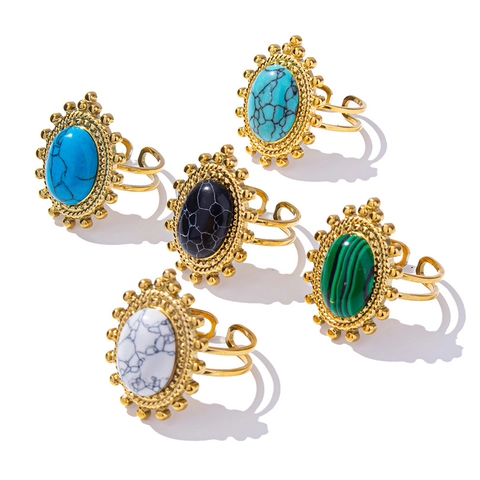 Bohemian Vintage Ovaler Kunststein Ring Edelstahl Verstellbares Offenes Band Ethnischer Schmuck Damen Herren
