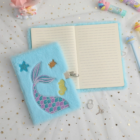 Plush Notebook Embroidered Mermaid Tail With Lock And Keys Ocean Theme Blue Secret Diary Journal For Girls