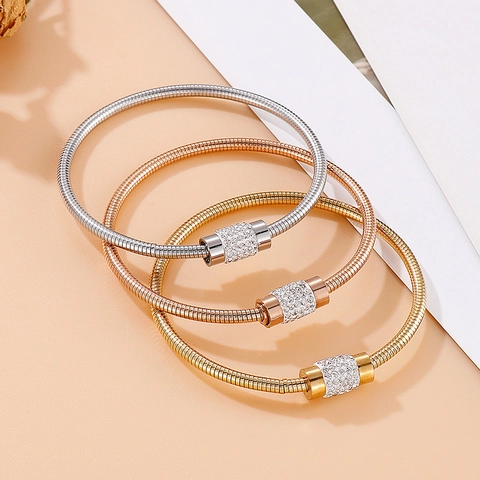 Stainless Steel Snake Bone Bangle Bracelet With Pavé Rhinestone Cylindrical Charm Minimalist Fashion Jewelry For Women