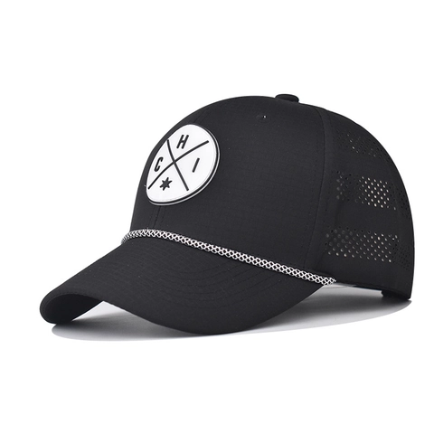 Breathable Laser Cut Baseball Cap Outdoor Adjustable Trucker Hat With Round Patch And Braided Rope Detail For Men Women