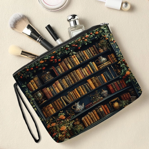 Borsa Trucco Stampa Libreria Vintage Lino Fine Organizzatore Da Viaggio Pochette Con Cinturino Da Polso Per Donne Classico