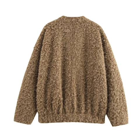 Women Round Neck Plush Jacket Faux Fur Short Coat Solid Color Long Sleeve Zipper Outerwear Casual Elegant Camel