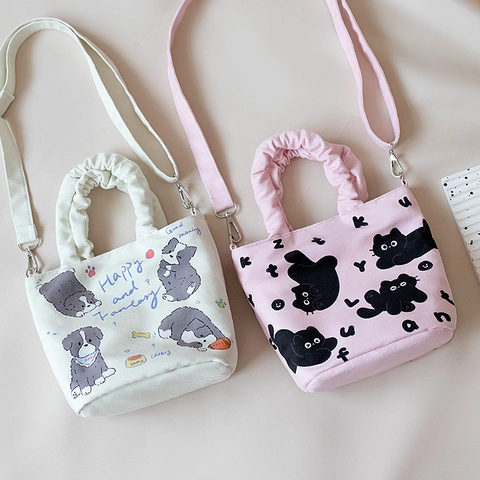 Kawaii Cartoon Tierdruck Eimertasche Polyester Leinwand Handtasche Mit Plissee Griff Umhängetasche Für Frauen Und Mädchen