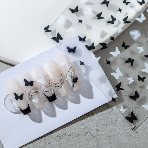 Autocollants Art Ongles Papillon Étoile Ultra Mince Adhésif Noir Blanc Décalcomanies Manucure DIY