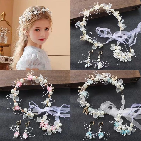 Flower Girl Floral Headband Wrist Corsage With Faux Artificial Pearls Fabric Flowers Organza Ribbon Wedding Party Fairy Princess Style