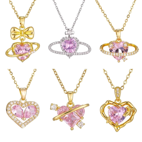 Heart Pendant Necklace Titanium Steel Zircon Crystal Bow Planet Design Clavicle Chain Elegant Jewelry For Women