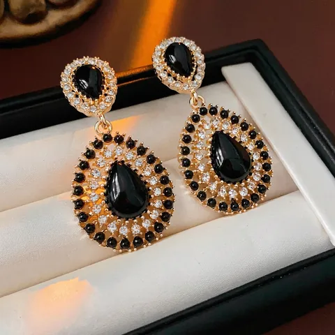 Orecchini Pendenti Goccia Vintage Con Perno In Argento Lega Strass Pietra Nera Stile Palazzo Per Donne