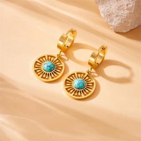 Joyas Bohemio Chapado En Oro Acero Inoxidable Collar Y Pendientes De Aro Mujer Vintage Sol Turquesa Moda