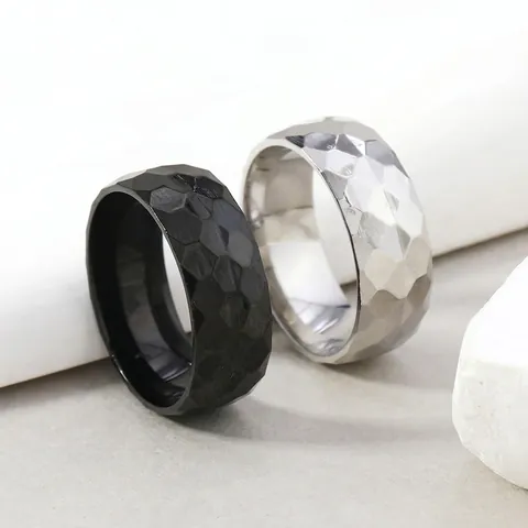 Anello Da Uomo In Acciaio Inossidabile Esagonale Sfaccettato Trama Martellata Fascia Geometrica Minimalista