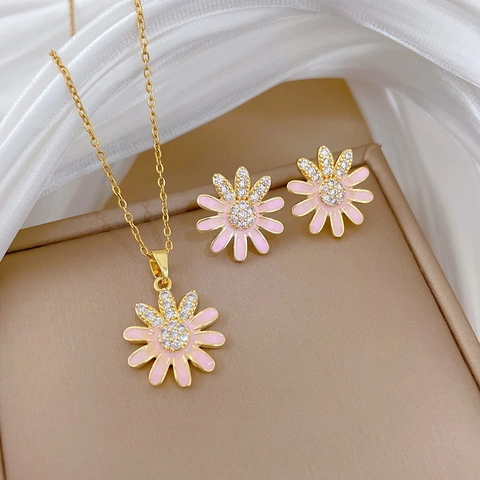 Rosa Gänseblümchen Emaille Vergoldeter Kupferanhänger Halskette Und Ohrringe Mit Edelstahlkette Für Damen Elegant Floral