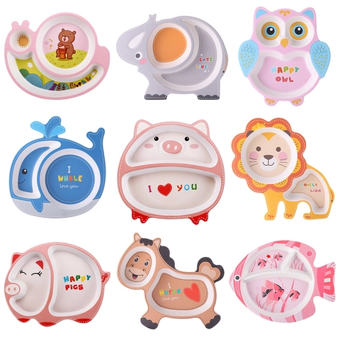 Cartoon Animal Bamboo Fiber Divided Dinner Plate For Kids Toddler Eco Friendly Feeding Dish