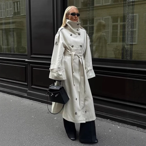 Women Trench Coat Double Breasted Belted Long Outerwear High Neck British Style Commuter Loose Fit Elegant Polyester