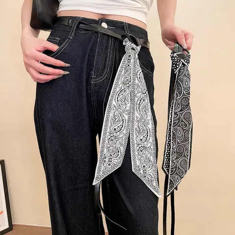 Women Fashion Thin Leather Waist Belt With Printed Satin Scarf Paisley Polka Dot Tassel Waist Chain Accessory