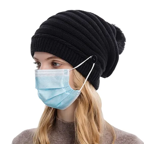 Dames Winter Gebreide Muts Dik Warm Kunstbont Pom Pom Met Knoppen Voor Masker Oorbescherming Acryl Outdoor Hoofddeksels