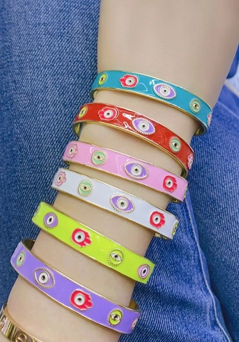 Böser Blick Hamsa Hand Offener Armreif Kupfer 18K Vergoldet Bunte Emaille Retro Vintage Schmuck Für Damen
