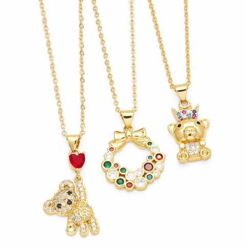 Collana Pendente Orsetto Ottone Placcato Oro Zirconi Colorati Micro Pavè Cuore Corona Gioielli Animali Per Donne Catena Moda