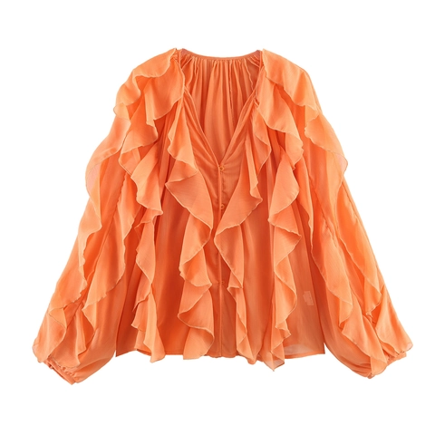 Women Ruffle Chiffon Blouse Layered Long Sleeve V-Neck Button Up Casual Elegant Solid Color Shirt Top