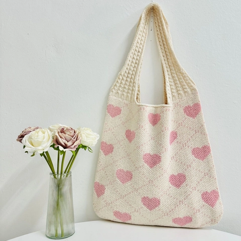 Knitted Tote Bag Heart Pattern Contrast Color Hollow Out Woven Shoulder Bag Casual Shopping Handbag For Women
