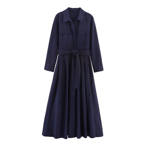 Elegant Solid Color Polyester Poplin Shirt Maxi Dress For Women Long Sleeve Button Up Belted A-Line Professional Casual