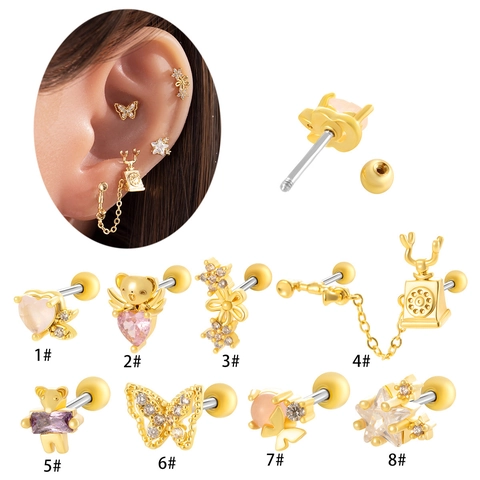 Pendientes Cartílago Circonita Acero Inoxidable Cierre Rosca Piercing Tragus Helix Corazón Mariposa Oso Para Mujeres